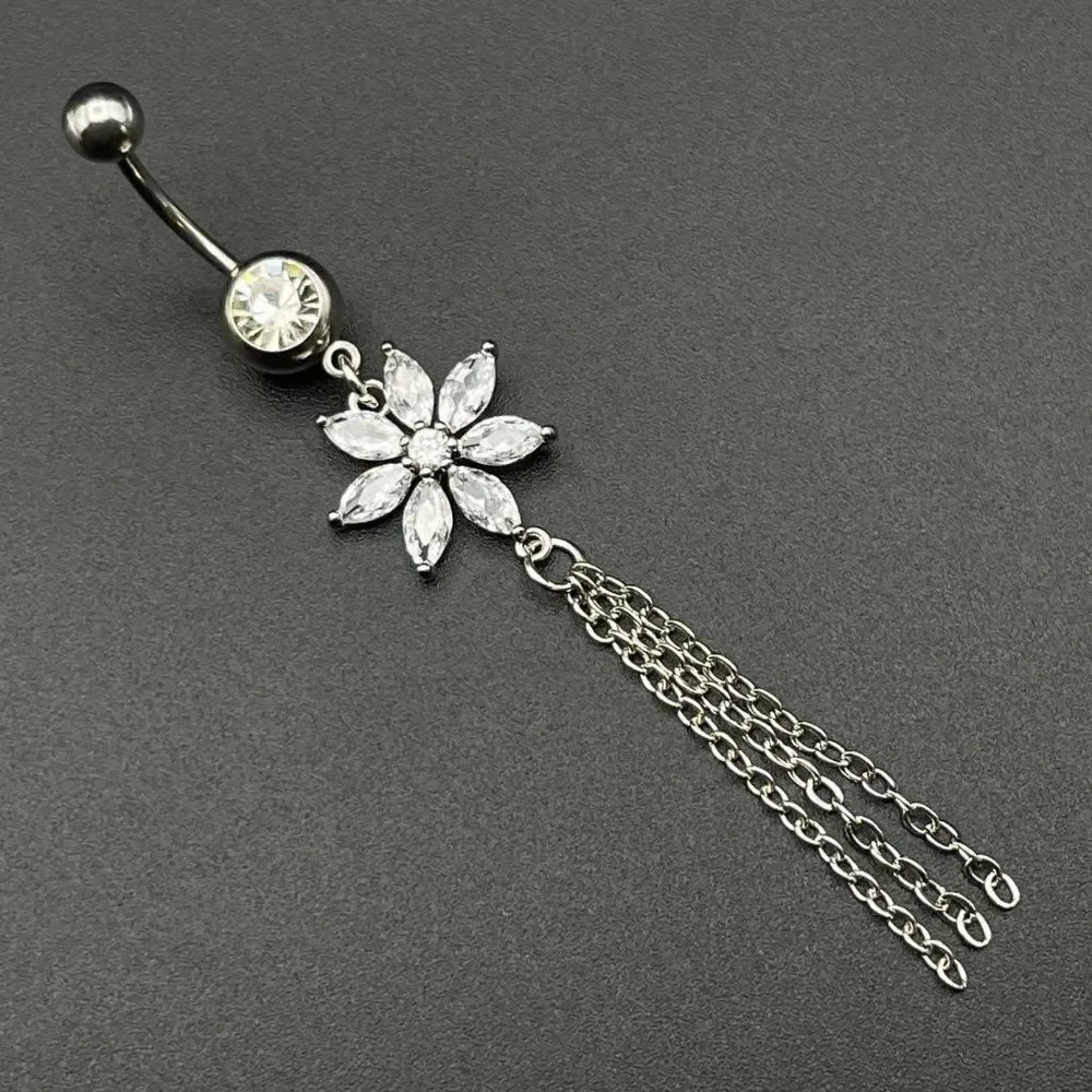 316L Stainless Steel with White Diamond Cubic Zirconia Flower 14G Belly Ring